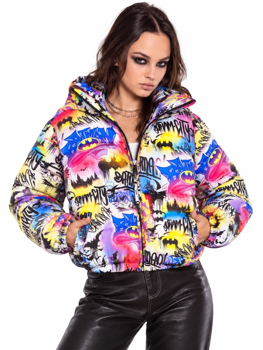 Dolls Kill x DC Pretty Riot Batman Graffiti Puffer Jacket Hooded Streetwear